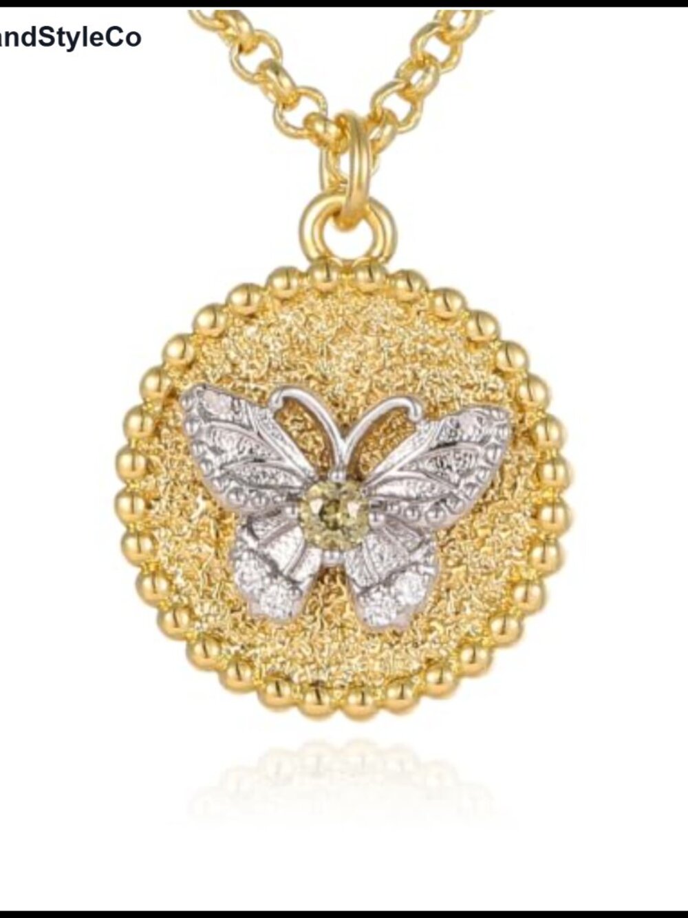 Vintage Butterfly Coin Necklace, 18K Gold Plated, Two-Tone Medallion Pendant,